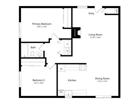 Floor plan for 2 beds, 1 bath, 969 sqft