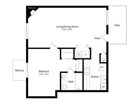 Floor plan for 1 bed, 1 bath, 885 sqft