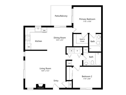 Floor plan for 2 beds, 2 baths, 1105 sqft