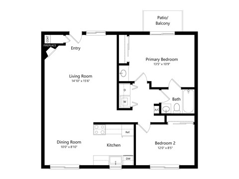 Floor plan for 2 beds, 1 bath, 974 sqft