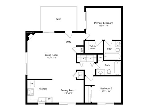 Floor plan for 2 beds, 2 baths, 1152 sqft