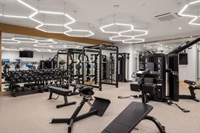 Seattle apartment for rent - a gym with cardio equipment and weights on the floor