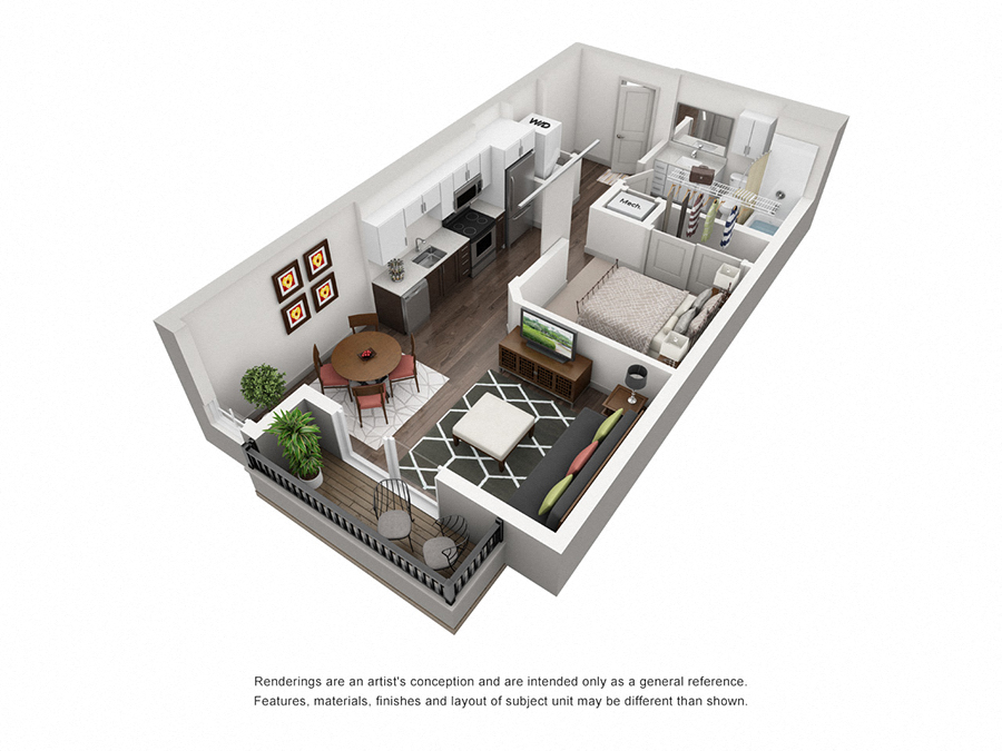 Floor plan for 1 bed, 1 bath, 567 sqft