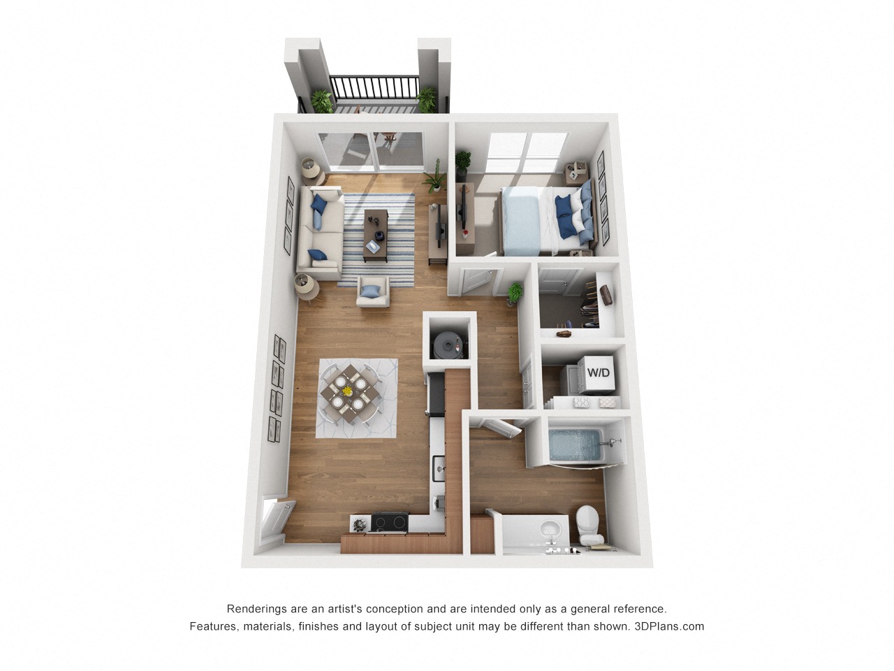 Floor plan for 1 bed, 1 bath, 642 sqft