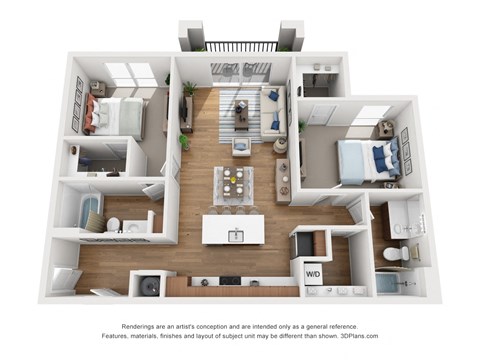 Floor plan for 2 beds, 2 baths, 1055 sqft