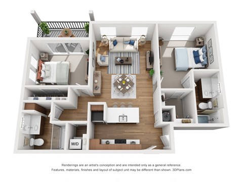 Floor plan for 2 beds, 2 baths, 977 sqft