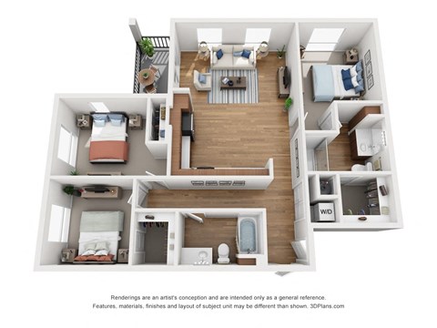 Floor plan for 3 beds, 2 baths, 1201 sqft