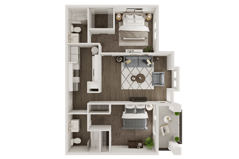 Floor plan for 2 beds, 2 baths, 1031 sqft