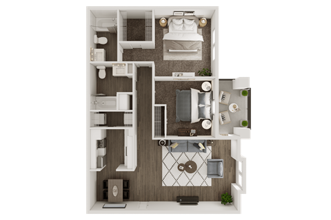 Floor plan for 2 beds, 2 baths, 1033 sqft