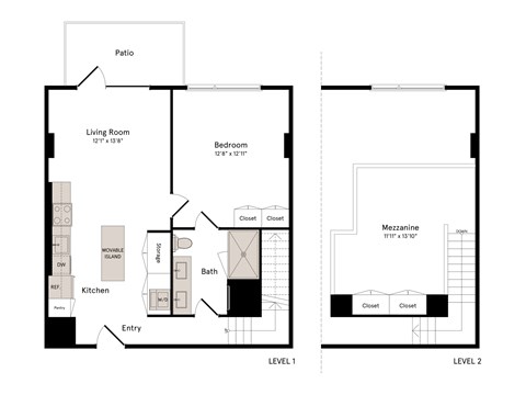Floor plan for 2 beds, 1 bath, 1022 sqft