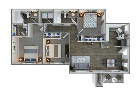 Floor plan for 3 beds, 2 baths, 1133 sqft