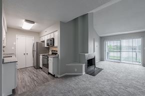 Indianapolis apartment for rent - an empty living room and kitchen with a fireplace and a window