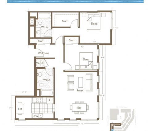 Floor plan for 2 beds, 2 baths, 1173 sqft