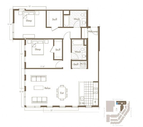 Floor plan for 2 beds, 2 baths, 1353 sqft