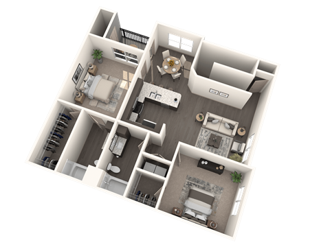 Floor plan for 2 beds, 2 baths, 1267 sqft