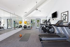 Livermore apartment for rent - Fitness Center Equipped With Cardio Machines, Yoga Balls, Weighted Workout Balls, TV, Ceiling Fan, And Full Body Mirror