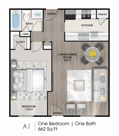 Floor plan for 1 bed, 1 bath, 662 sqft