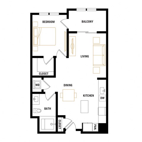 Floor plan for 1 bed, 1 bath, 639 sqft
