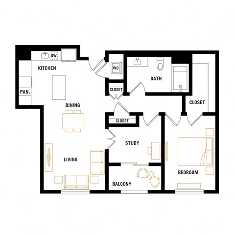 Floor plan for 1 bed, 1 bath, 946 sqft