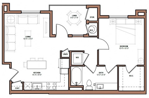 Floor plan for 1 bed, 1 bath, 638 sqft