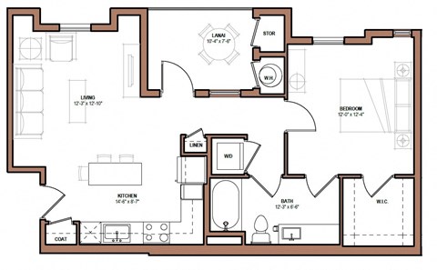 Floor plan for 1 bed, 1 bath, 655 sqft