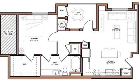 Floor plan for 1 bed, 1 bath, 657 sqft
