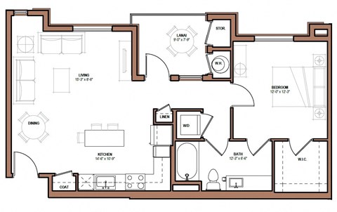 Floor plan for 1 bed, 1 bath, 716 sqft