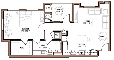 Floor plan for 1 bed, 1 bath, 802 sqft