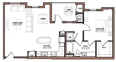 Floor plan for 1 bed, 1 bath, 824 sqft