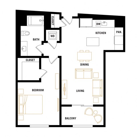 Floor plan for 1 bed, 1 bath, 639 sqft