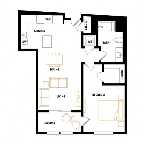 Floor plan for 1 bed, 1 bath, 675 sqft