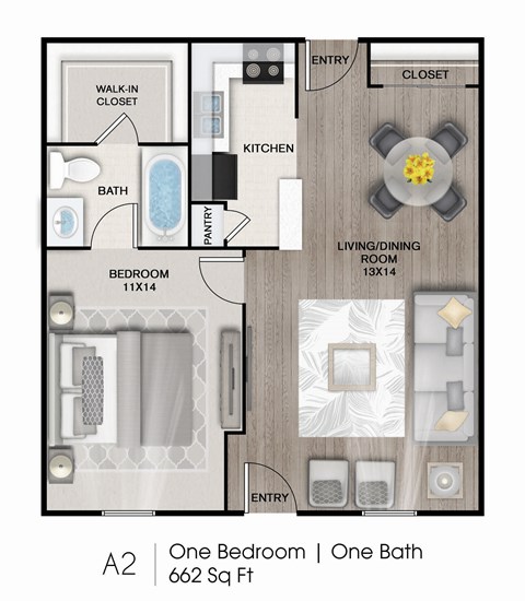 Floor plan for 1 bed, 1 bath, 662 sqft