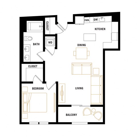 Floor plan for 1 bed, 1 bath, 810 sqft