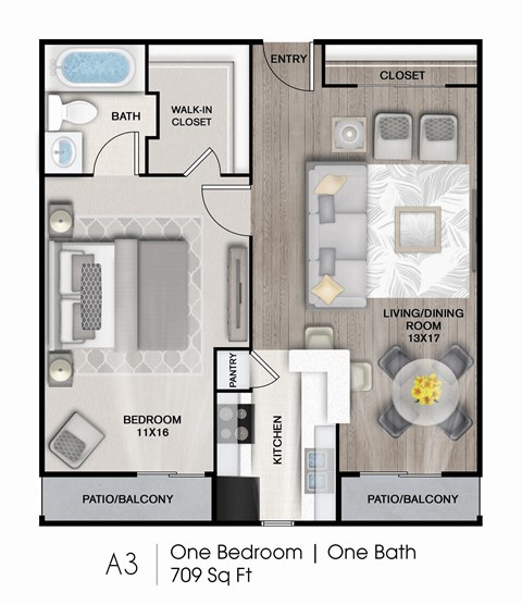 Floor plan for 1 bed, 1 bath, 709 sqft