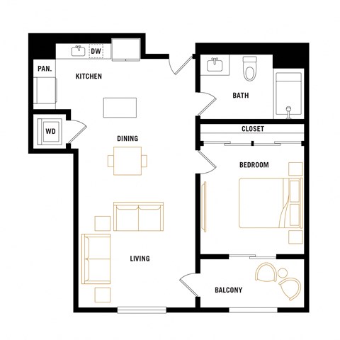 Floor plan for 1 bed, 1 bath, 636 sqft