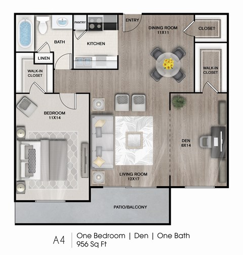 Floor plan for 1 bed, 1 bath, 956 sqft