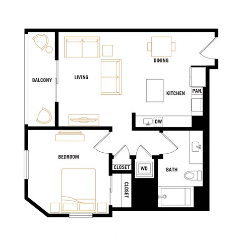 Floor plan for 1 bed, 1 bath, 683 sqft