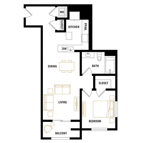 Floor plan for 1 bed, 1 bath, 749 sqft