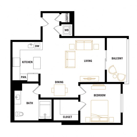 Floor plan for 1 bed, 1 bath, 643 sqft
