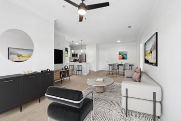 Chamblee apartment for rent - A living room with a black and white patterned rug, a black chair, a white sofa, and a painting on the wall.