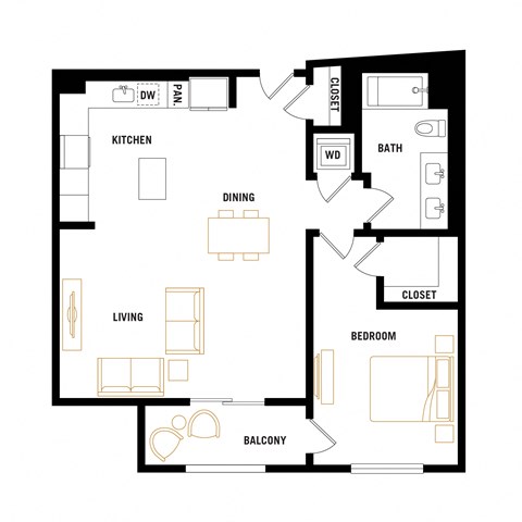 Floor plan for 1 bed, 1 bath, 809 sqft