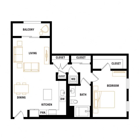 Floor plan for 1 bed, 1 bath, 837 sqft