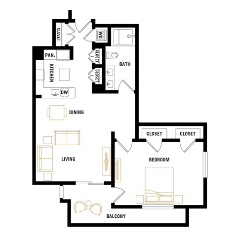Floor plan for 1 bed, 1 bath, 1094 sqft