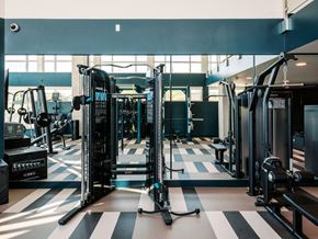 Denver apartment for rent - A gym with a variety of equipment including a leg press machine.