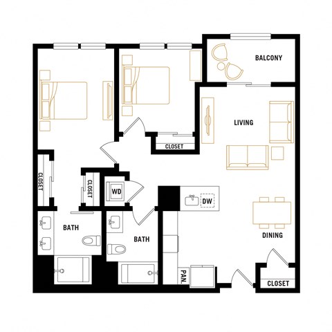 Floor plan for 2 beds, 2 baths, 1002 sqft