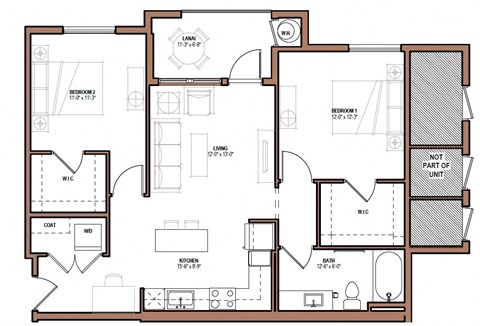 Floor plan for 2 beds, 1 bath, 852 sqft