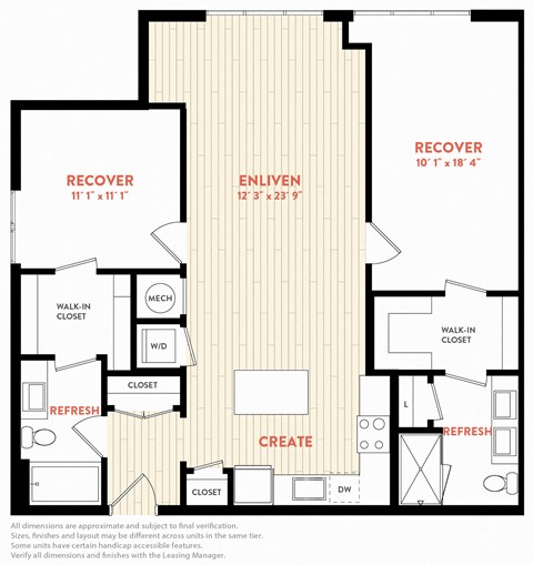 Floor plan for 2 beds, 2 baths, 1129 sqft