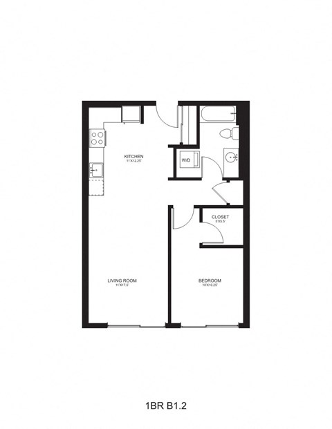 Floor plan for 1 bed, 1 bath, 678 sqft