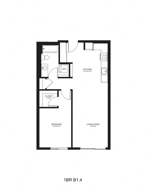 Floor plan for 1 bed, 1 bath, 729 sqft