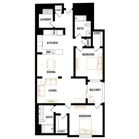 Floor plan for 2 beds, 2 baths, 1470 sqft